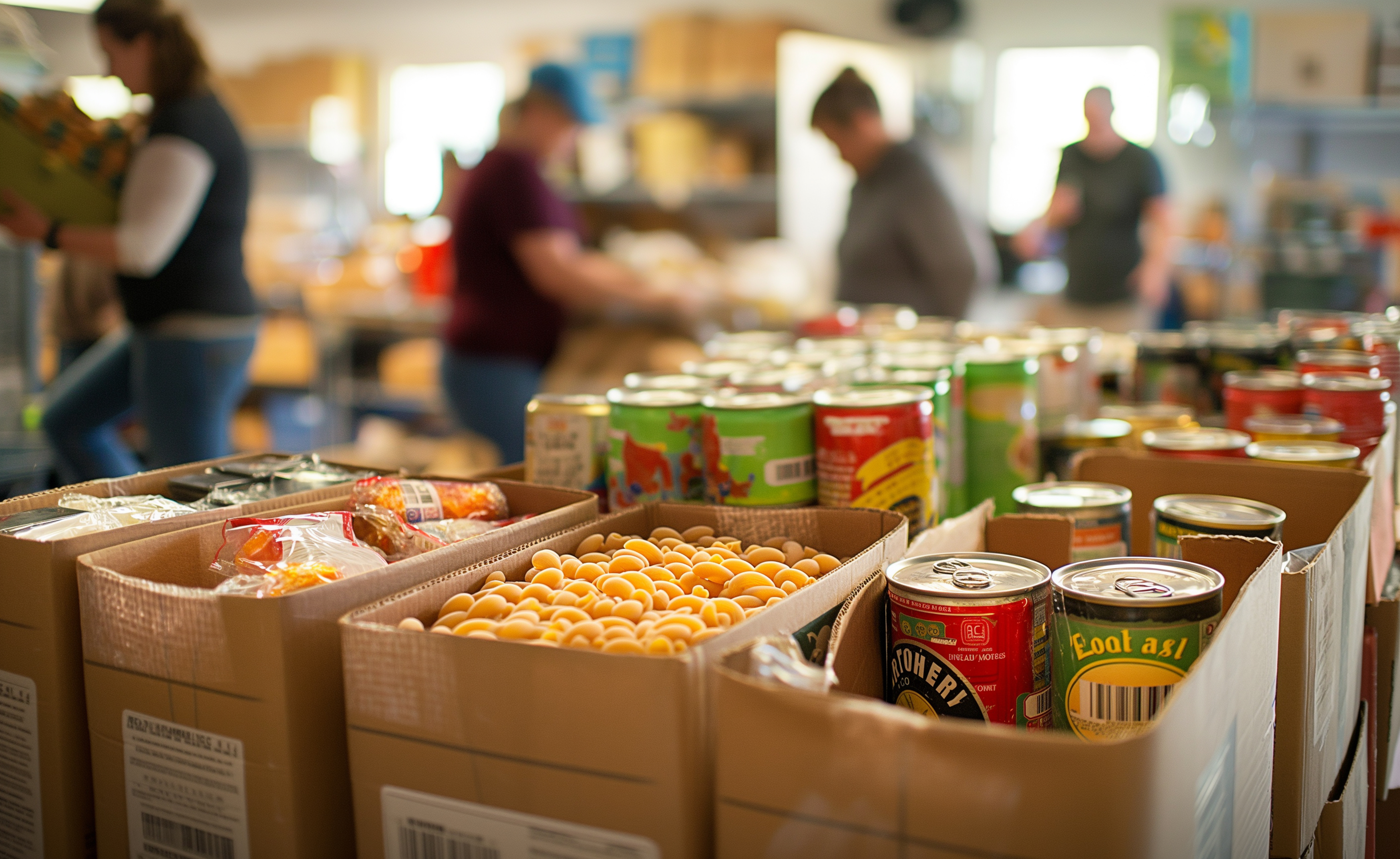 Boxes of food and cans sit in the front with volunteers in the background packing up more food 