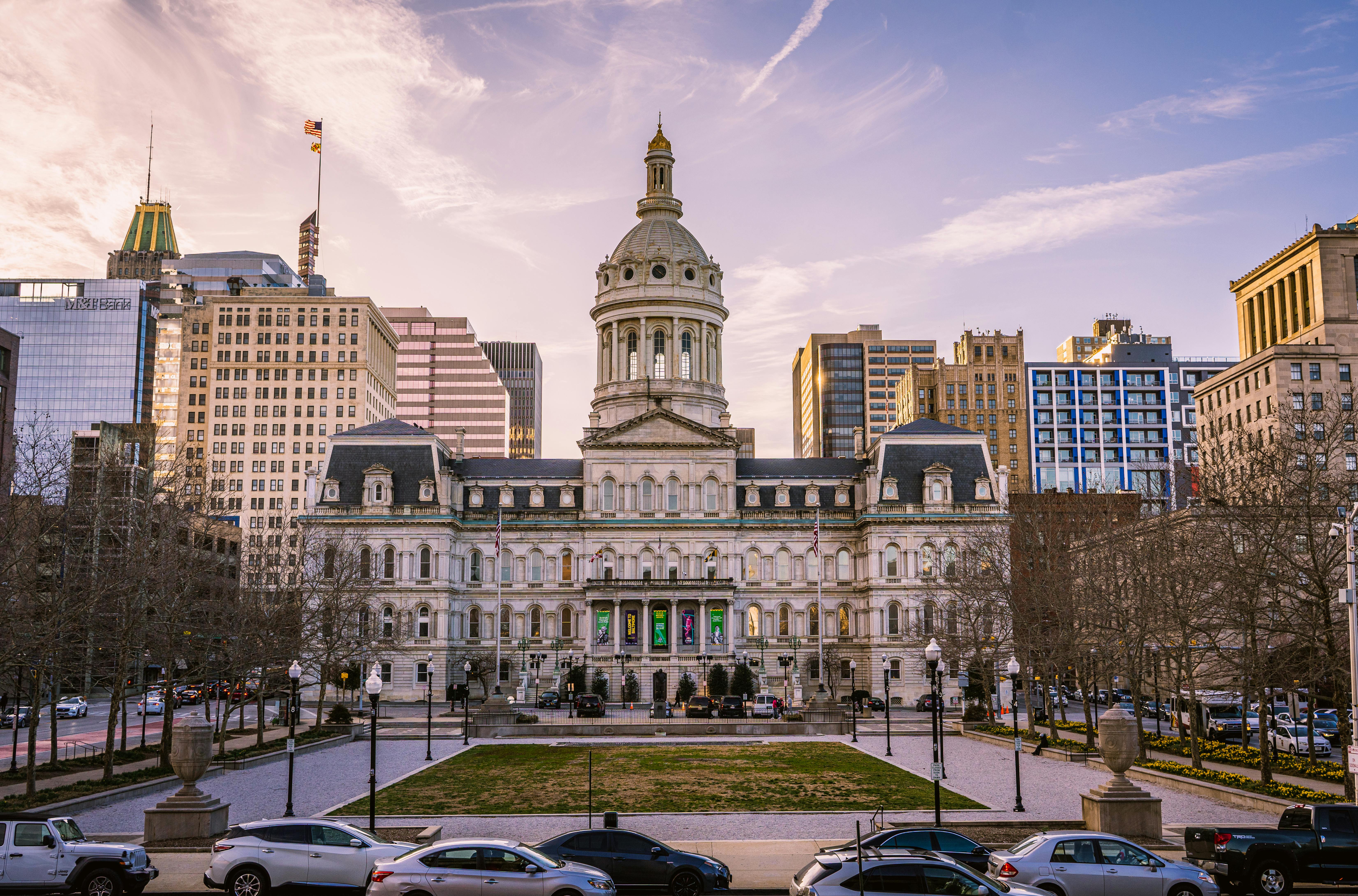 The Baltimore City Hall Building at sunset