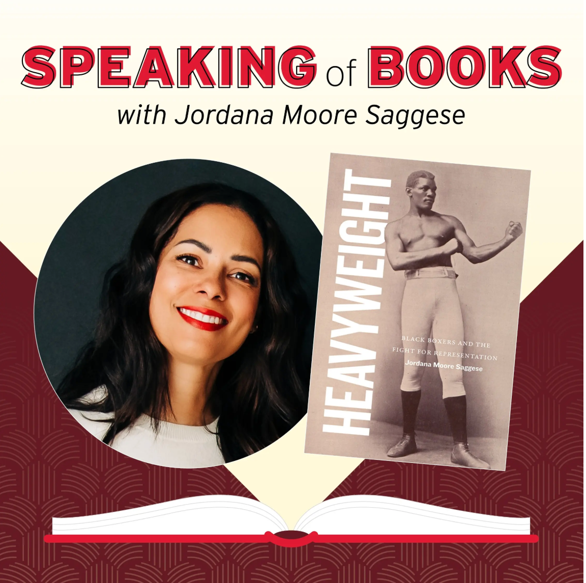 Speaking of Books with Jordana Moore Saggese. Cover of a black boxer and a photo of the author. 
