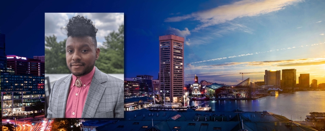 Raymond Nevo headshot, over background of Baltimore city at night