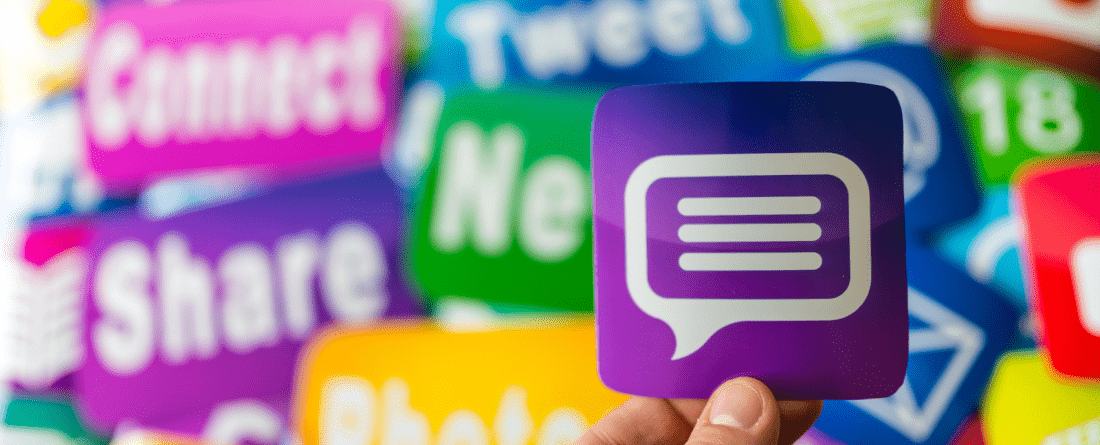 a colorful collage of social media icons, with a chat box highlighted