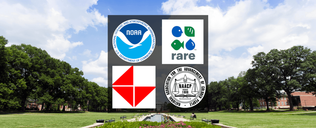 Image of McKeldin mall with capstone team logos overlaid. Logos are: NOAA, Rare, NAPA and NAACP