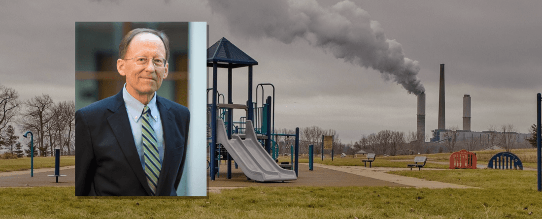 Rob Sprinkle headshot over background of a playground next to a factory emitting smoke