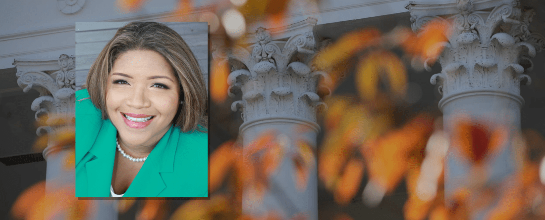 Brandi Slaughter headshot over fall photo of campus