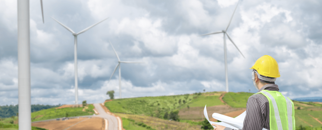 picture of worker overlooking wind turbines