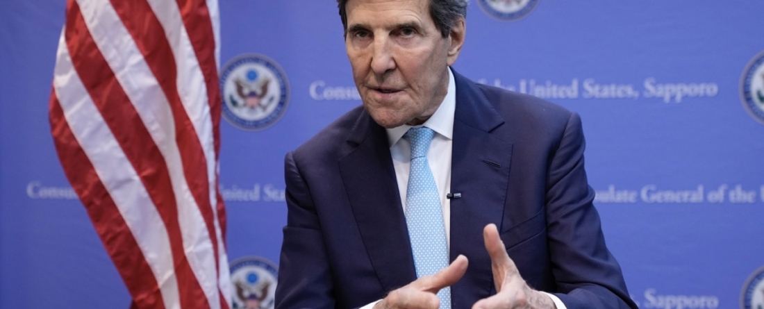 U.S. Special Presidential Envoy for Climate John Kerry speaks during an interview with The Associated Press at the U.S. Consulate General after the G-7 ministers’ meeting on climate, energy and environment in Sapporo, northern Japan.