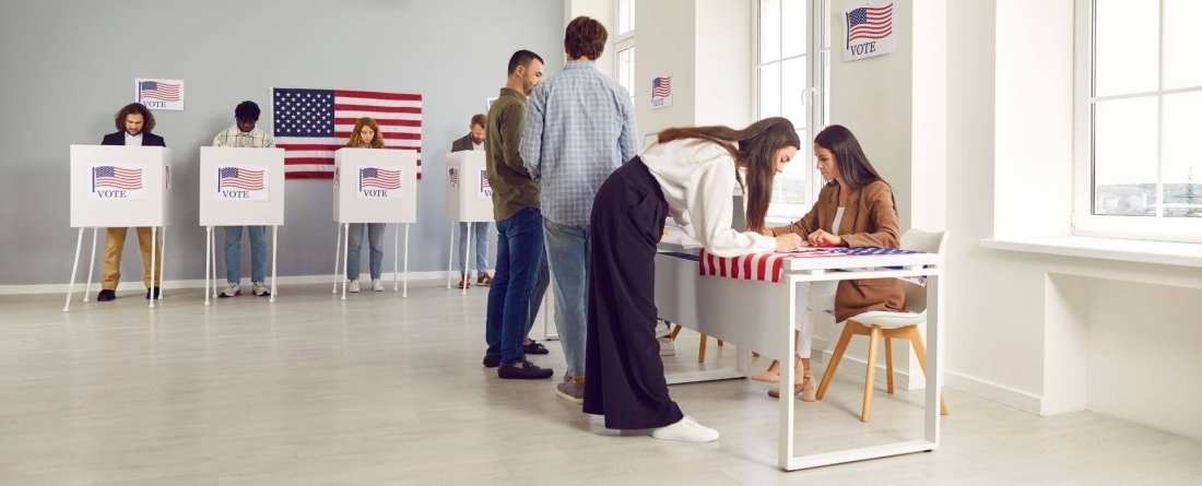 election poll station with people checking in to vote