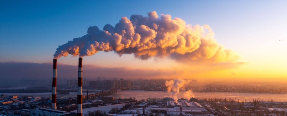 photo of steam and smoke rising from cooling towers and chimneys of a power plant