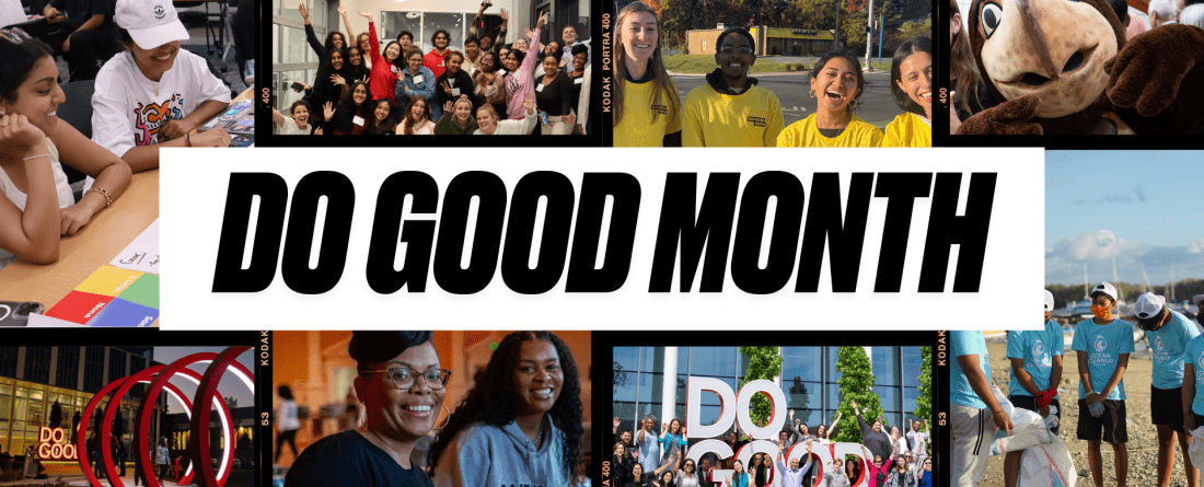 Do Good Month text is in the center of the screen, with a collage of photos behind it showing people volunteering. 