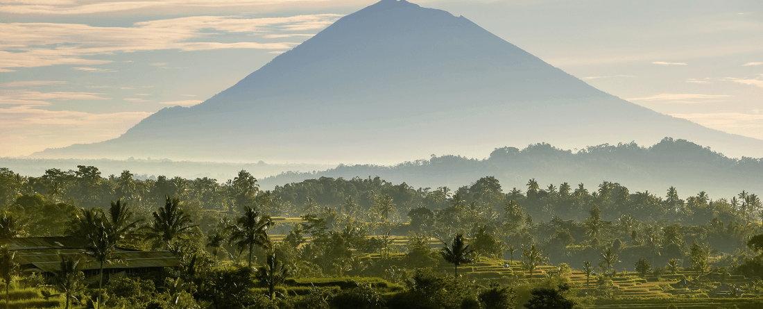A silhouette of a volcano in the distance with green forested plains in the foreground on a foggy day.