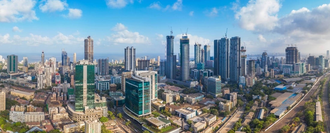 Aerial panoramic view Mumbai's Lower Parel skyline, with Worli, Prabhadevi, Elphinstone, Dadar and Bandra also visible