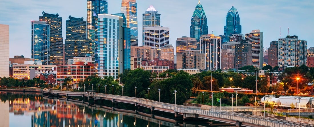 Wide view of downtown Phillidelphia, Pennsylvania in the evening