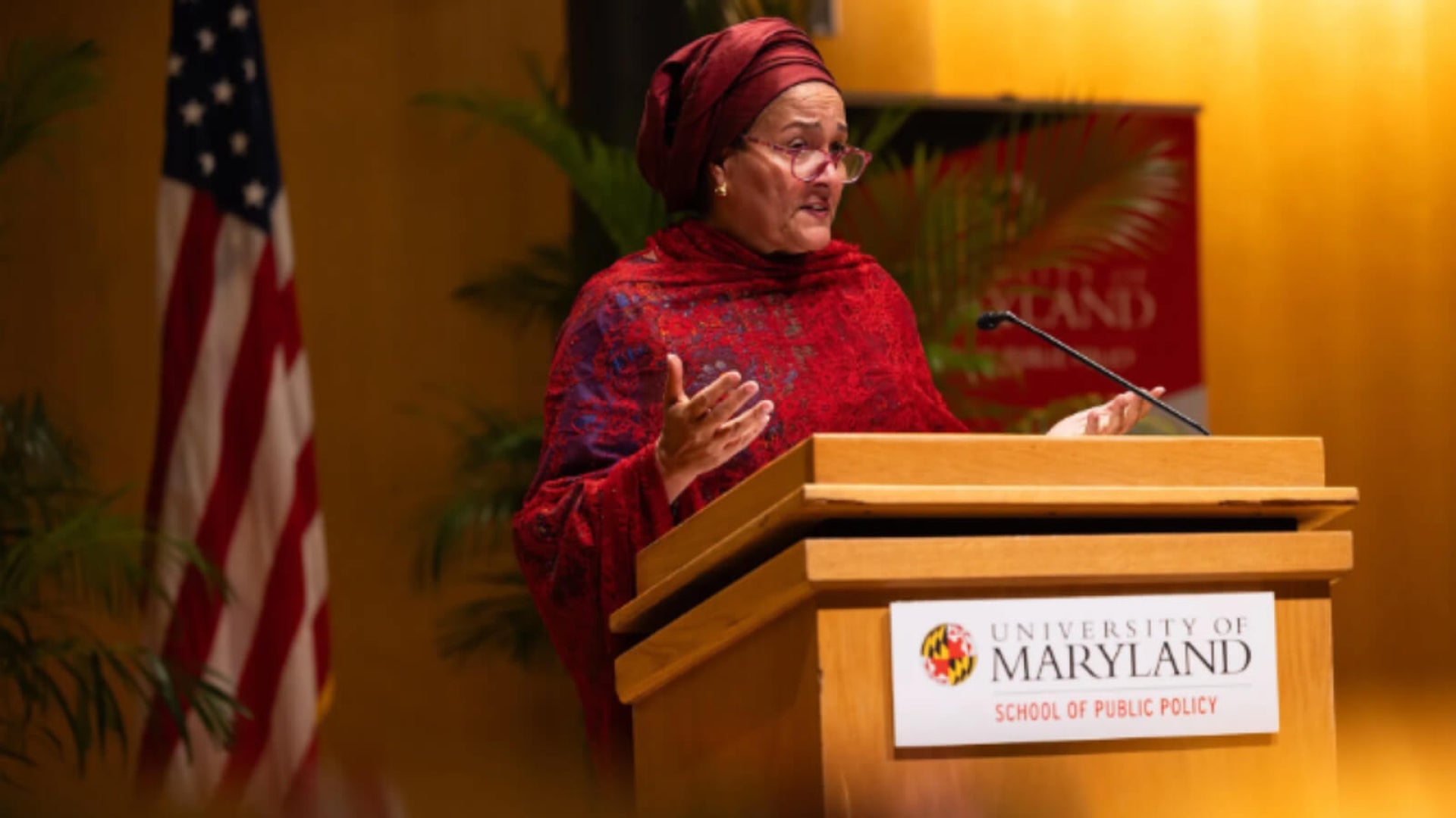 UN Deputy Secretary General Amina Mohammed stands at podium addressing audience